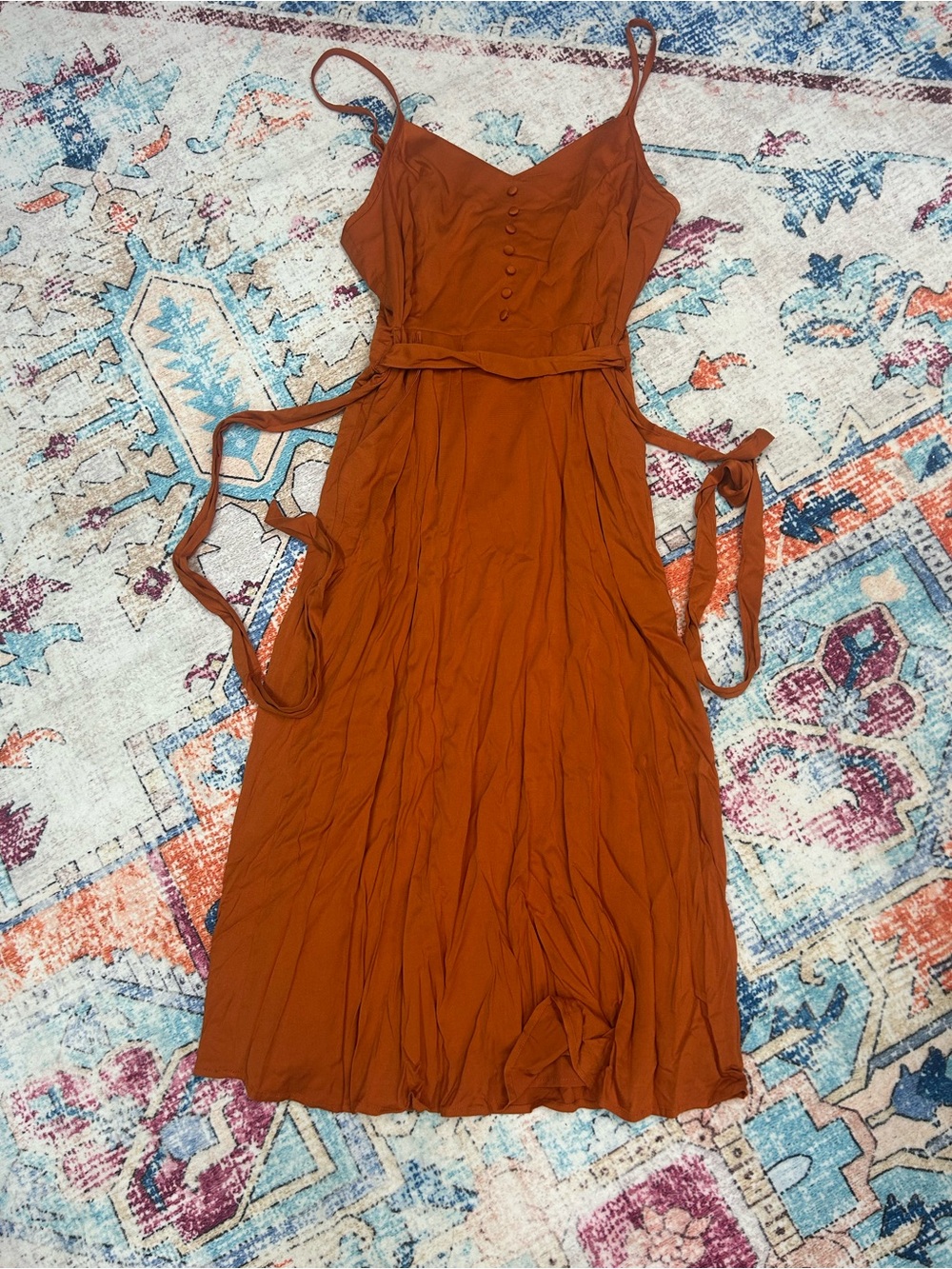 Market & Spruce Rust Orange Midi Dress with Tie Waist and Pockets - Picture 2 of 10